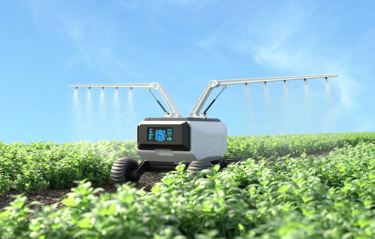 Agricultural robots work in smart farms, Robot spraying fertilizer in the vegetable garden, Smart agriculture farming concept. 3D illustration